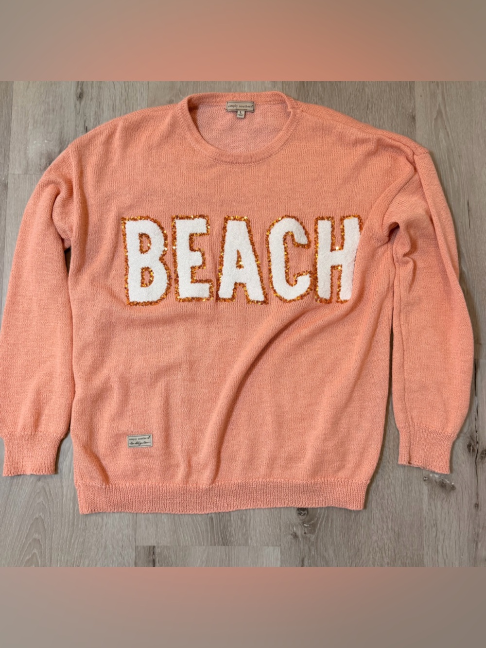 Simply Southern Peach BEACH Sparkle Sequin Lettering Sweater Large 🍑✨